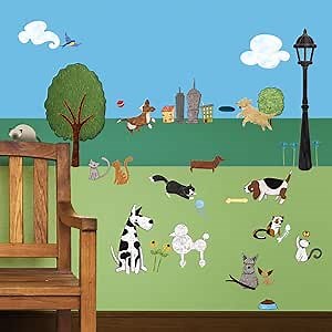 My Wonderful Walls Cat and Dog Wall Sticker Set – 37 Peel & Stick Animal and City Park Decals