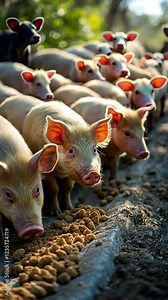 Numerous ravenous pigs are pressing around the trough, wagging their tails and gobbling their meal.