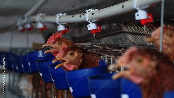 Modern domestic chicken poultry farm, with automated drinking watering system, natural background and slow pan movement