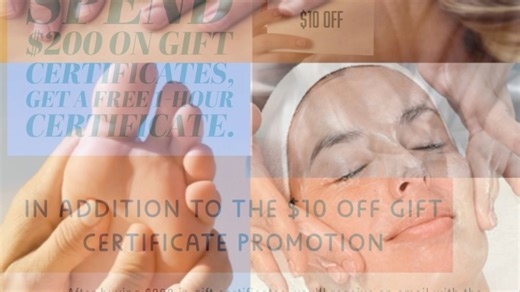 $10 Off Gift Certificates and Free Massage With $200 Spent! Can you believe it- the Holidays are already upon us! This year, give the gift of relaxation and rejuvenation with a Massage Gift Certificate. Save with $10 OFF on all gift certificates, including specialty combinations! For a limited time, purchase $200 worth of gift certificates and receive a FREE one-hour massage! Spread kindness, love, and wellness with the gift of self-care! *The free 1-hour certificate will be sent via email short
