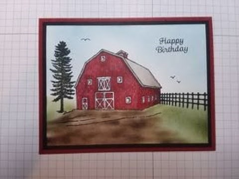 A "summer barn" scene card using the "Christmas Barn" stamp set from July to December Mini Catalog