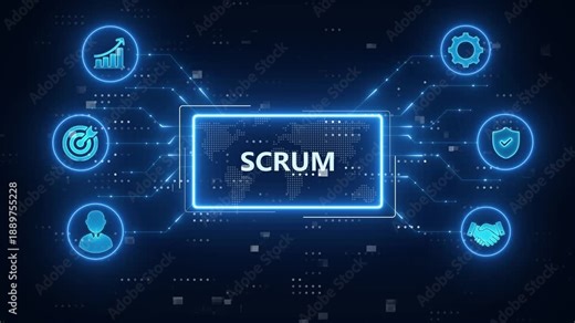 Scrum Framework or Scrum Development Cycle or Scrum Cycle key points concept.blue Neon digital technology background