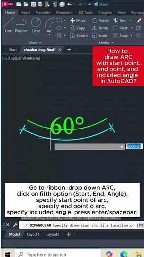 How to draw ARC with start point, end point, and included angle in AutoCAD? #autocadtips #arc