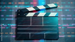 A film clapperboard is displayed against a colorful digital background, symbolizing movie production and media.