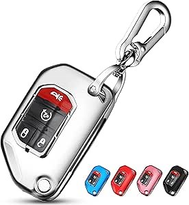 QBUC for Jeep Key Fob Cover with Keychain Flip Key Case for 2022 2021 2020 2019 2018 Jeep Wrangler Gladiator JL JLU Rubicon JT (Silver)