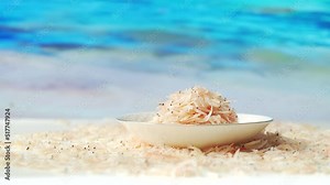 Seafood condiment dried shrimp skin on solid color background