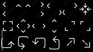 Animated direction arrows and arrowheads collection, alpha channel 4k video. Flat, white color signs for using ui-ux projects. User interface elements, isolated backgroung. 30 fps animation.