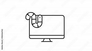 Computer worm line animation. Exploit animated icon. Moving insect. Virus computer, technology. Pc system. Black illustration on white background. HD video with alpha channel. Motion graphic