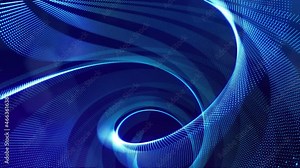blue high tech bg with glow particles form complex spiral structure. 3d looped sci-fi bg digital space, particles form lines and surface waves. Concept of hi-tech information flow, blockchain. DOF