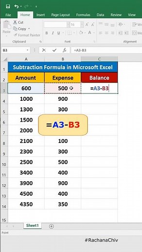 Subtraction Formula in Microsoft Excel || Excel Tips & Trick || #excel #short #excelbasic