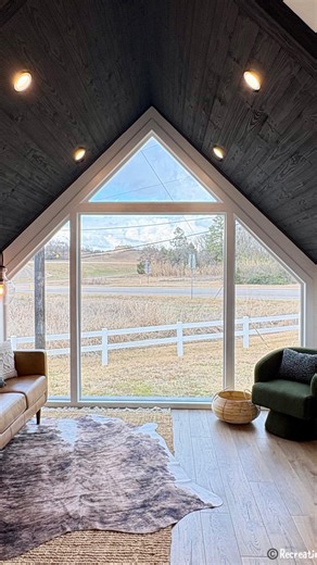 The Onyx 🖤 A first in the park model world, introducing the very first A-frame tiny house park model RV! At 399sqft, the Onyx is the perfect model for a mountain view spot, over looking a lake, out in the woods, or anywhere else with an amazing view that demands a house that lets you enjoy that view. With a full wall of windows that must been seen to really appreciate. We paired rhat amazing feature with a beautiful all black exterior, beautiful black stained wood ceiling, with the typical A-fr