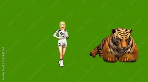 Animation of a girl with a large tiger, the tiger is lying and licking his paws while the girl walks around next to him