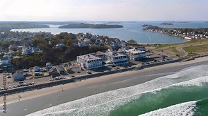 Nantasket Beach, Weir River and Hingham Bay aeral view with fall foliage in town of Hull, Massachusetts MA, USA.