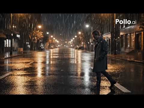 A lonely man walking slowly on a dark rainy city street at night
