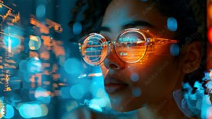 Woman working with virtual computer. Girl using holographic screen, surfing futuristic metaverse. Cyber world and digital data. Augmented reality, future innovative technology and programming