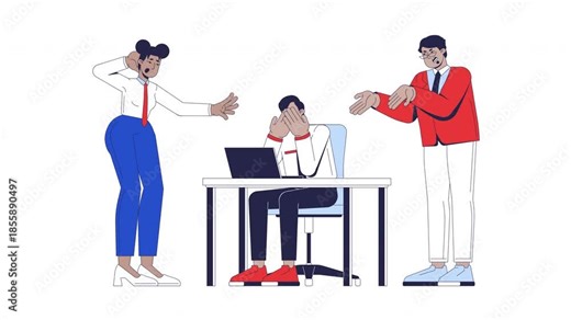 Coworker abuse cartoon animation. Colleague criticism. Verbal harassment. Toxic work environment. Employee intimidation animated flat 2D characters 4K video isolated on white, scene storytelling