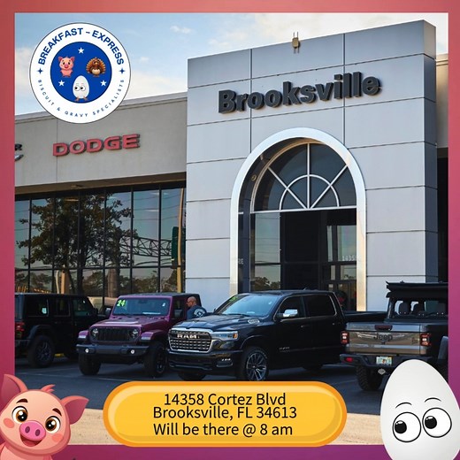 “Mopar Breakfast = A Power Combo” The griddle’s hot. The bacon’s loud. The new Dodges are gleaming in the sun. And Joe? Joe is still trying to convince someone that a test drive counts as ‘market research.’ 😂 We’re serving up big flavor, big smiles, and big breakfast energy right here at: 📍 14358 Cortez Blvd, Brooksville, FL 34613 🎵 Song: “Kickstart My Heart” – Mötley Crüe | Breakfast-Express