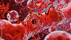 3D rendering showing red blood cells moving through blood vessels, infection in the bloodstream, blood flow within living things. Science and medical concept.