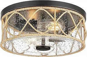 zeyu 12 Inch Black Ceiling Light, Rattan Light Fixtures Ceiling Mount for Kitchen Living Room Porch, 2-Light Flush Mount Ceiling Light with Seeded Glass, ZG86F BK