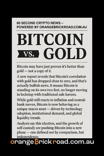 Bitcoin Breaks Free From Gold – A New Financial Era 🟠 Bitcoin just proved it’s more than “digital gold.” A new report shows BTC’s correlation with gold has dropped to near zero — meaning it’s no longer moving in lockstep with traditional markets. Instead, Bitcoin is now acting as an independent macro asset — fueled by ETF inflows, tokenization, institutional demand, and the rise of self-custody. This isn’t a weakness — it’s evolution. Bitcoin is breaking away from old comparisons and stepping i