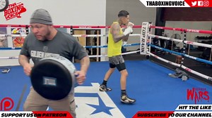 Amado Vargas blasts the punch pad while Fernando Vargas Jr shadow boxes at Top Rank Gym | Training