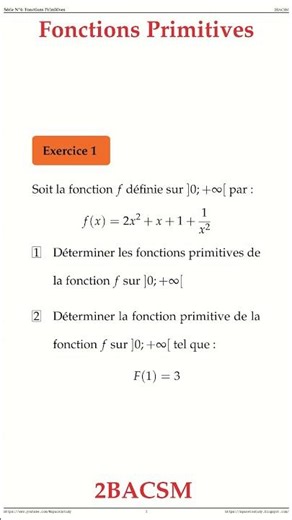 Exercice 1 Fonctions Primitives 2BACSM Maths space2study M2BSMS4v18 #maths
