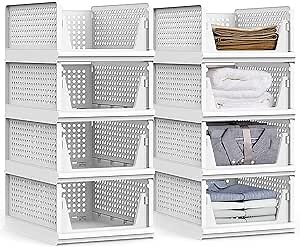 yazi Stackable Storage Bins,8 Pack Foldable Plastic Wardrobe Clothes Organizer Drawer Shelf Storage Basket Container Plastic Drawer Organizer Shelf Baskets Folding Containers Bins Cubes