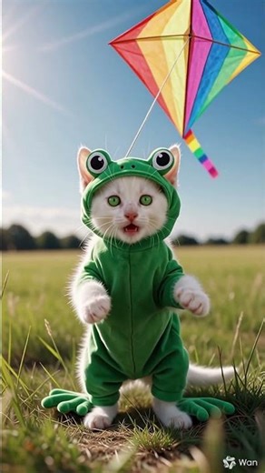 Frog Kitty Flying a Kite 🐸🐱🪁💚 | Adorable Cat With the Cutest Tiny Kite!