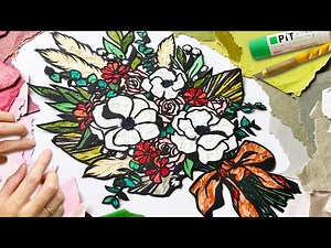 【ちぎり絵×切り絵】折紙ちぎって花束💐を描きました💚🧡