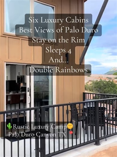 🌄 Texas’ Most Scenic Tiny Home Stay | A canyon right outside your window. ☀️ CABIN AMENITIES: Warm, modern design with canyon views throughout. Queen beds, spa-style bath, stocked kitchen, and cozy loft. Private patio sits steps from the canyon rim. A dream stay for hikers and road-trippers. 🌵 EACH CABIN: Sleeps 4 | 1 Bedroom Loft | 1 Bathroom | Pet Friendly 🖥️ Booking: https://www.rusticluxurycabins.com/rustic-luxury-camp/ 🚗 Route 66 → Short detour 🚙 Dallas → 5.5 hrs 🏜️ NM → 5 hrs #route6