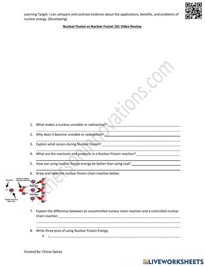 Nuclear Fission vs. Nuclear Fusion Video Notes worksheet