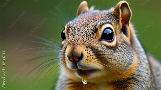 Ultra HD squirrel close-up with big shiny eyes and mild natural moisture, ultra-realistic fur clarity, 4k.