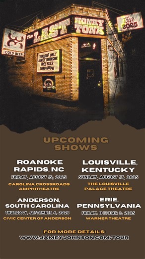 The Last Honky Tonk Tour continues! Catch Jamey Johnson live in: 🎸 Roanoke Rapids, NC – Aug 15 🎸 Louisville, KY – Aug 17 🎸 Anderson, SC – Sept 4 🎸 Erie, PA – Oct 3 Tickets details: www.jameyjohnson.com/tour #JameyJohnson #LastHonkyTonkTour #CountryMusicLive | Jamey Johnson