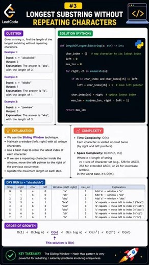 LeetCode #3 | Longest Substring Without Repeating Characters Python Solution | O(n) Sliding Window