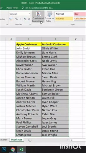 Same values in two different lists through conditional formatting in excel. #excel #shorts #viral