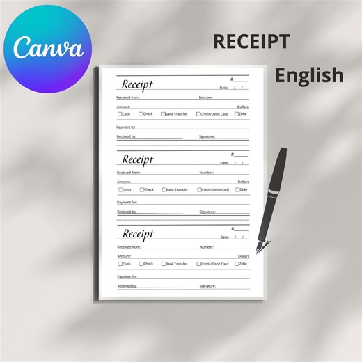 Modèle de reçu modifiable. Reçu minimaliste pour entreprises et loyers. Téléchargement numérique. Fichier Canva modifiable. - Etsy France