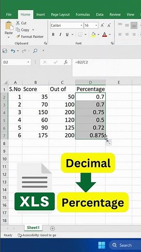 Decimal to percentage conversion in Excel | Excel Tips #msexcel #excel #decimaltofraction #shorts