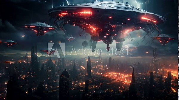 Futuristic alien spaceship flying over the city. 3D rendering, war of the world with gigantic spaceships above a city, tentacles hanging down from the saucer-shaped spaceships, AI Generated