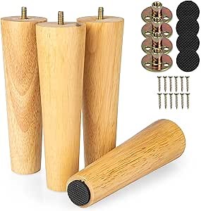 Ilyapa Wooden Furniture Feet - Set of 4 Natural Rubber Wood 8 Inch Tapered Replacement Furniture Leg for Sofas, Chairs, Loveseats, and Tables
