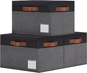GhvyenntteS Extra Large Storage Bins with Lids, Foldable Fabric Storage Boxes with Lids and Handles, Storage Baskets with Lid and Label for Home Office (3 Pack, Grey&Black, 15.75" x 11.8" x 10.2")