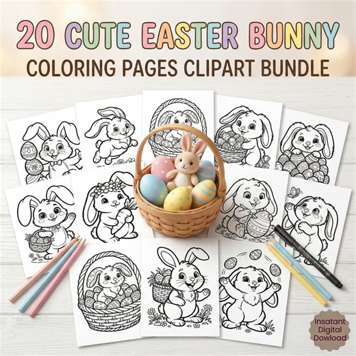 Easter Bunny Coloring Pages, Spring, Printable Kids, Egg Hunt Coloring Book PDF A4 Letter Square, Digital Download Rabbits Cute - Etsy