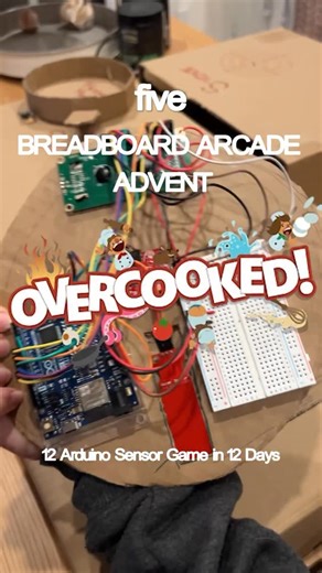 Mave on Instagram: "Merry Christmas Eve! Days 6-10 of Breadboard Arcade Advent combined into one 5-sensor Overcooked game because when 4x more people followed me after the laser maze I got in my head 🫠 (these mechanisms were always the plan though it’s just one video instead of 5 now) But here it is! Reed switch, hall sensor, IR avoidance, water level, and RFID all working together through a central TouchDesigner file. I ended up using 4 arduino total! The plate used an R4 wifi, the knife is a 