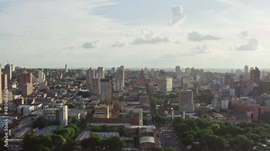 Aerial view Asuncion Paraguay. A new part of the city in downtown with skyline and high-rise buildings on the banks of the Paraguay River in the cityscape.