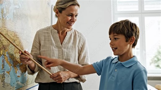 Smiling teacher uses a wooden pointer to guide an attentive elementary student through a geography lesson on a large world map, within a bright classroom bathed in soft natural window light.