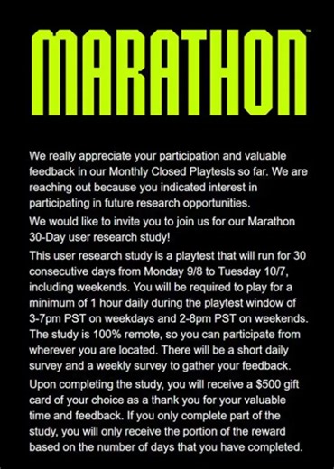 Bungie offers $500 to players who playtest Marathon for 30 days