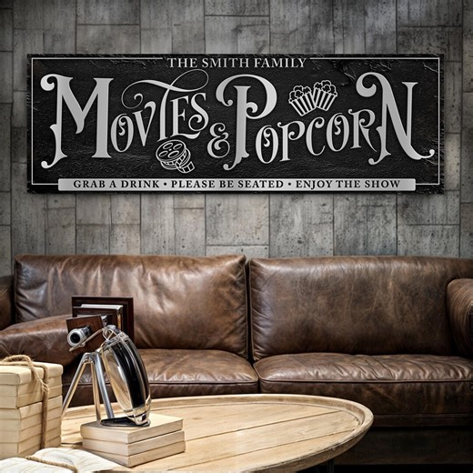 Movies and Popcorn Theater Sign | Theater Wall Decor | Movie Theater Decor | Custom Family Name Sign | Movie Room Decor | Movie Lovers Gifts - Etsy