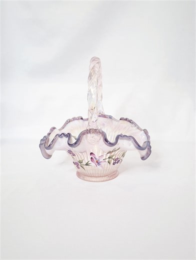 Fenton Art Glass Morning Glory and Hummingbird Iridescent Amethyst Ribbon Candy Edge Basket - Etsy