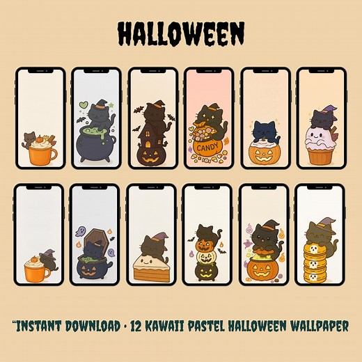 Kawaii Halloween Black Cat Wallpapers: Pastel iPhone & Android Backgrounds (digital Download) - Etsy