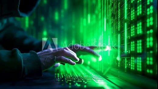 Hand typing on keyboard surrounded by green digital matrix code representing cyber intrusion or programming activity. Dark background with glowing green digital data streams.