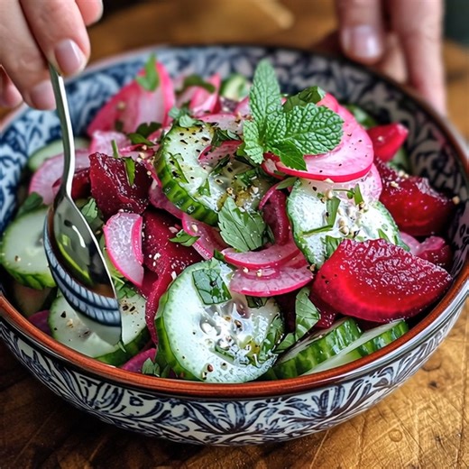 🥗 Beet Cucumber Radish Salad (Fresh & Crunchy!) This Beet Cucumber Radish Salad is crisp, colorful, and unbelievably refreshing! With bright herbs, crunchy veggies, and a simple tangy dressing, it’s the perfect side dish for any meal, healthy, vibrant, and full of flavor! 🥘 Ingredients 2 medium cucumbers, sliced 2 cooked beets, sliced or quartered 6–7 radishes, thinly sliced ½ small red onion, thinly sliced 2 tbsp fresh parsley, chopped 1 tbsp fresh mint, chopped 1 tbsp fresh cilantro (optiona